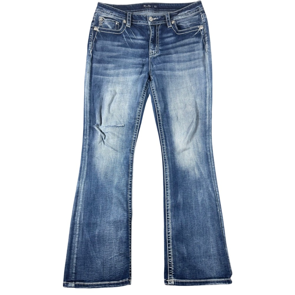 Miss Me Jeans Womens 33x32 Blue Mid Rise Bootcut Distressed Contrast Stitch